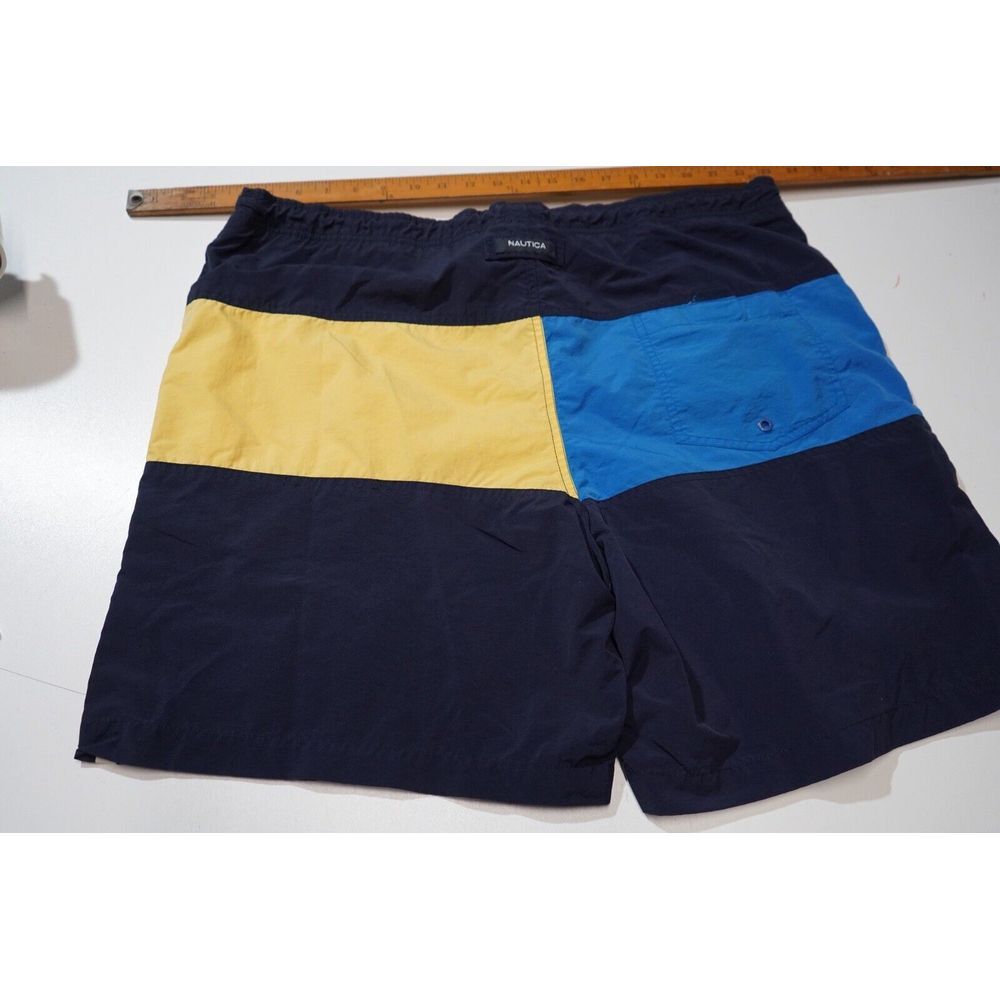 NAUTICA Mens Vintage Black Yellow Blue & White Color Block‎ Lined Swim Shorts L
